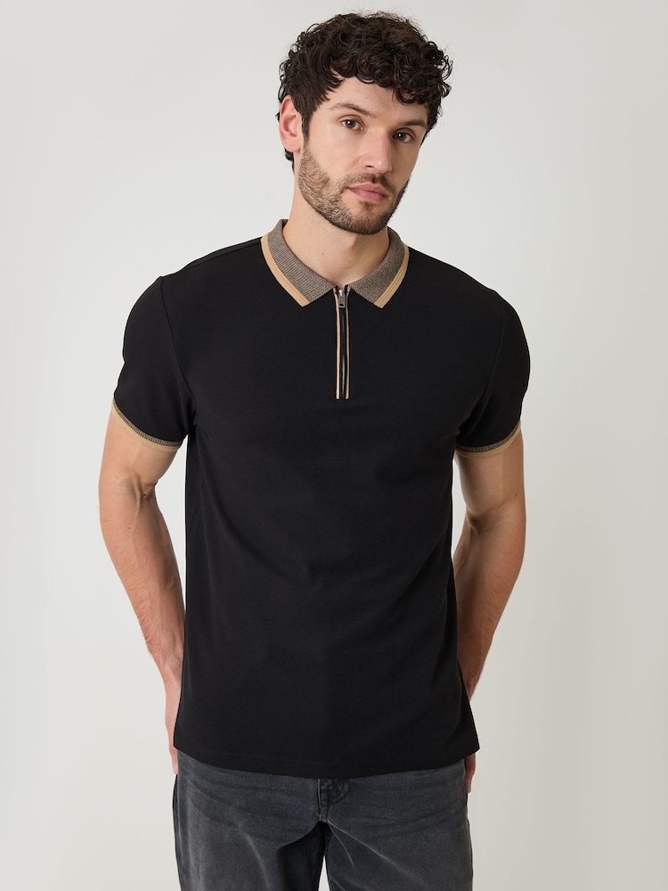 Threadbare Black Pique Tipping Collar Quarter Zip Polo Shirt - Image 1 of 4 Threadbare Black Pique Tipping Collar Quarter Zip Polo Shirt - Image 1 of 4