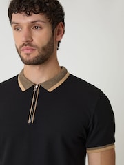 Threadbare Black Pique Tipping Collar Quarter Zip Polo Shirt - Image 4 of 4