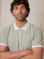 Threadbare Green Pique Tipping Collar Quarter Zip Polo Shirt - Image 1 of 5