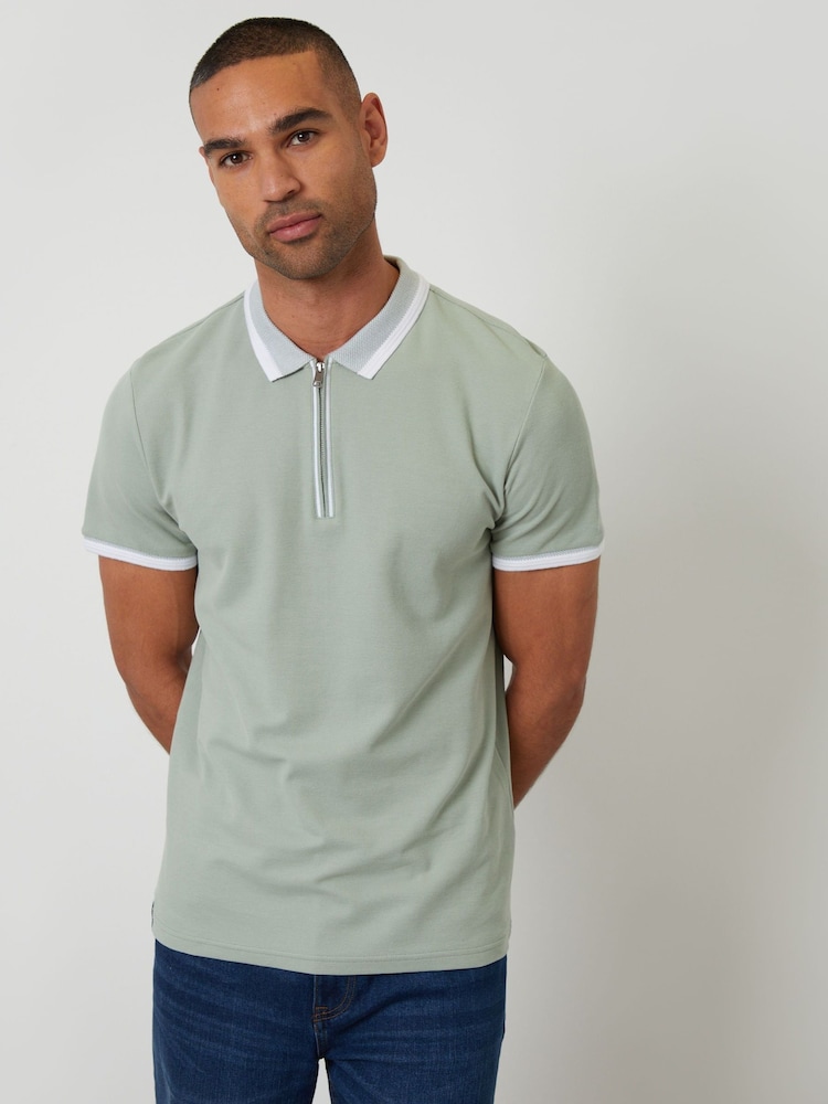 Threadbare Green Pique Tipping Collar Quarter Zip Polo Shirt - Image 2 of 5