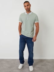 Threadbare Green Pique Tipping Collar Quarter Zip Polo Shirt - Image 4 of 5