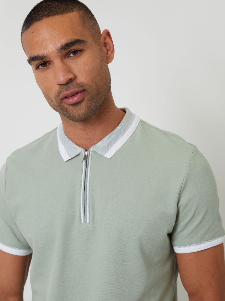 Threadbare Green Pique Tipping Collar Quarter Zip Polo Shirt - Image 5 of 5