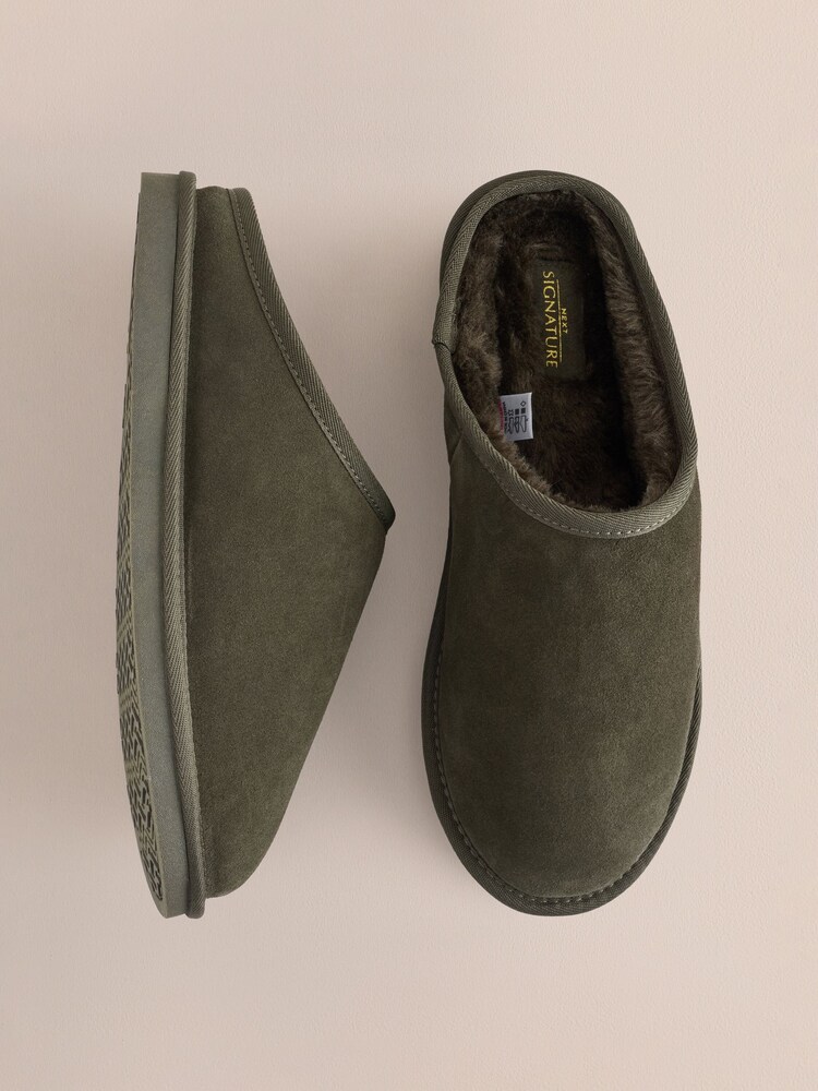 Green Faux Fur Lined Signature Suede Mule Slippers - Image 1 of 5 Green Faux Fur Lined Signature Suede Mule Slippers - Image 1 of 5