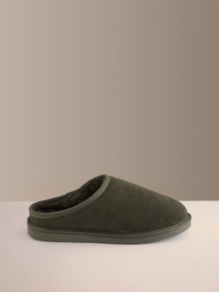 Green Faux Fur Lined Signature Suede Mule Slippers - Image 2 of 5 Green Faux Fur Lined Signature Suede Mule Slippers - Image 2 of 5
