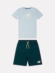 New Balance Stone Blue Stacked Logo T-Shirt & Shorts Set - Image 1 of 5