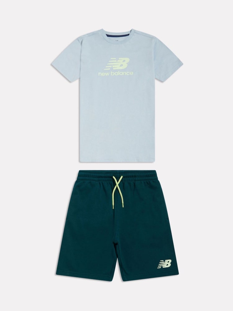 New Balance Stone Blue Stacked Logo T-Shirt & Shorts Set - Image 1 of 5