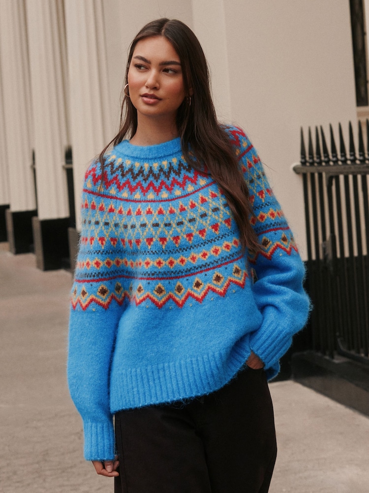 Cobalt Blue Fairisle - Pulover lejer cu mânecă lungă, guler rotund și material din lână - Imaginea 1 din 8 Cobalt Blue Fairisle - Pulover lejer cu mânecă lungă, guler rotund și material din lână - Imaginea 1 din 8