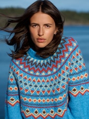 Cobalt Blue Fairisle - Pulover lejer cu mânecă lungă, guler rotund și material din lână - Imaginea 3 din 8