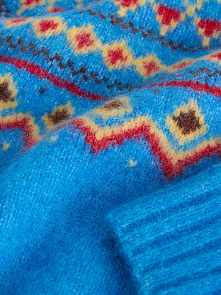 Cobalt Blue Fairisle - Pulover lejer cu mânecă lungă, guler rotund și material din lână - Imaginea 8 din 8 Cobalt Blue Fairisle - Pulover lejer cu mânecă lungă, guler rotund și material din lână - Imaginea 8 din 8