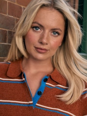 Brown Stripe Chenille Knit Long Sleeve Polo Jumper - Image 4 of 8