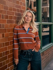 Brown Stripe Chenille Knit Long Sleeve Polo Jumper - Image 5 of 8