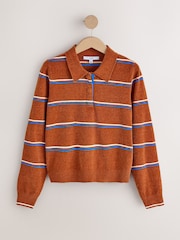 Brown Stripe Chenille Knit Long Sleeve Polo Jumper - Image 6 of 8
