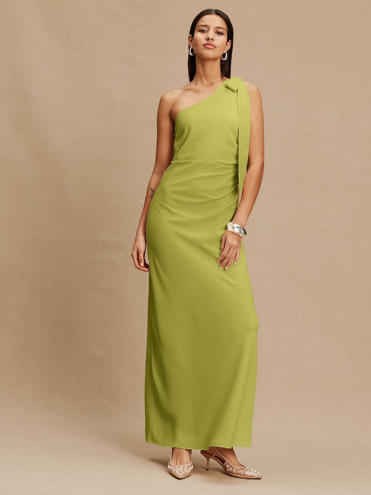 Green Bow One Shoulder Maxi Bridesmaid Dress - Image 1 of 4