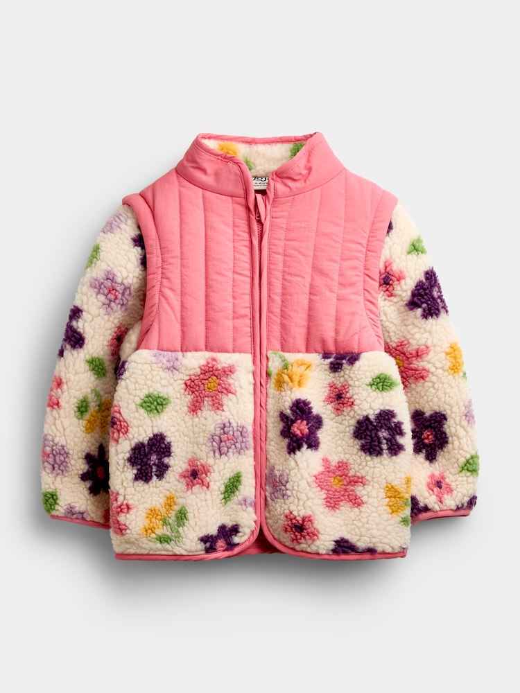 JoJo Maman Bébé Pink Floral Zip-Off Sleeve 2-in-1 Borg Fleece - Image 1 of 6