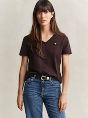 GANT Brown Regular Shield Logo V-Neck T-Shirt - Image 1 of 5