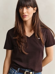 GANT Brown Regular Shield Logo V-Neck T-Shirt - Image 4 of 5
