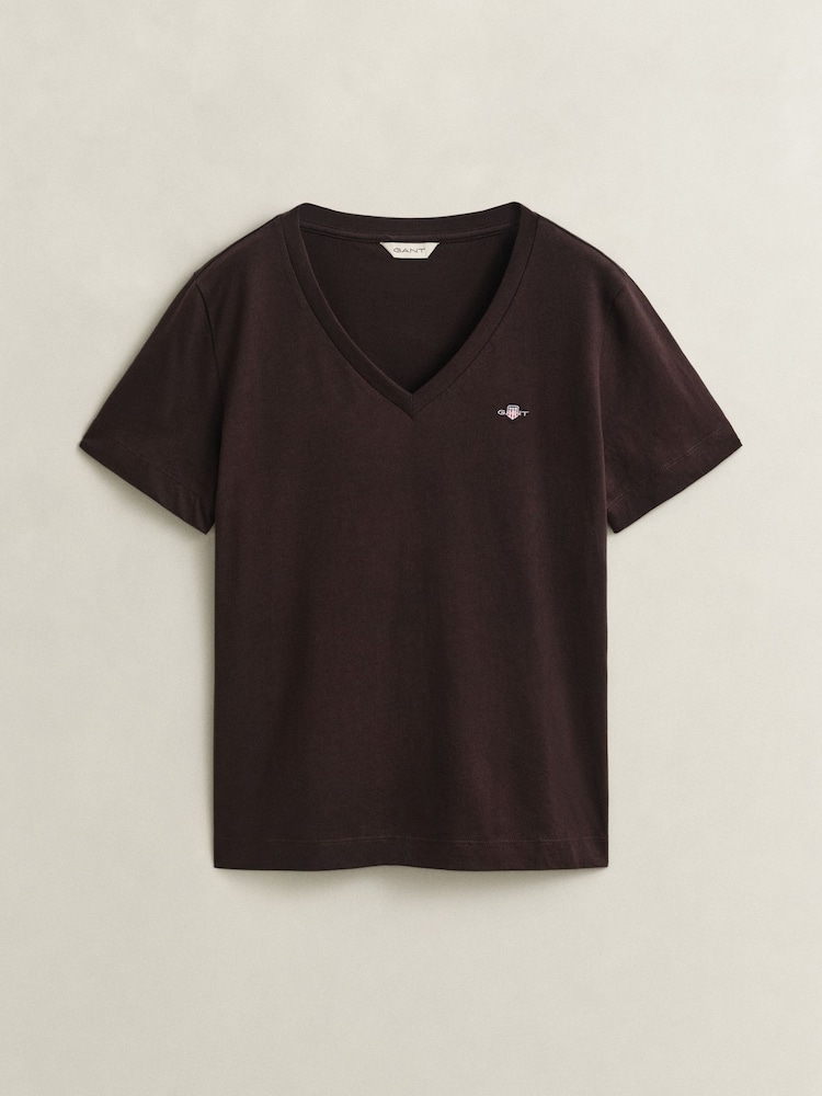 GANT Brown Regular Shield Logo V-Neck T-Shirt - Image 5 of 5