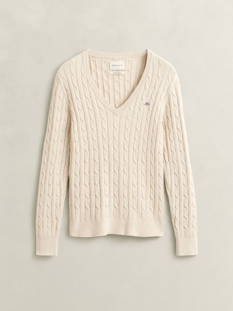 Nature - Pull GANT en maille torsadée extensible en coton à col en V - Image 1 sur 2 Nature - Pull GANT en maille torsadée extensible en coton à col en V - Image 1 sur 2