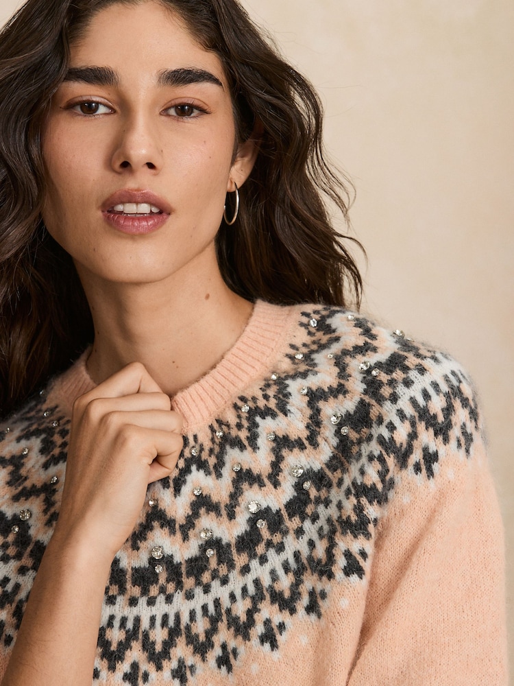 Pink Fairisle Embellished - Knitted Short Sleeve Jumper - תמונה 5 מתוך 5 Pink Fairisle Embellished - Knitted Short Sleeve Jumper - תמונה 5 מתוך 5