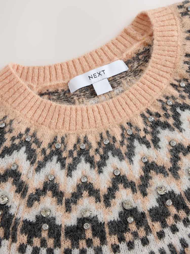 Pink Fairisle Embellished Knitted Short Sleeve Jumper - Image 8 of 8 Pink Fairisle Embellished Knitted Short Sleeve Jumper - Image 8 of 8