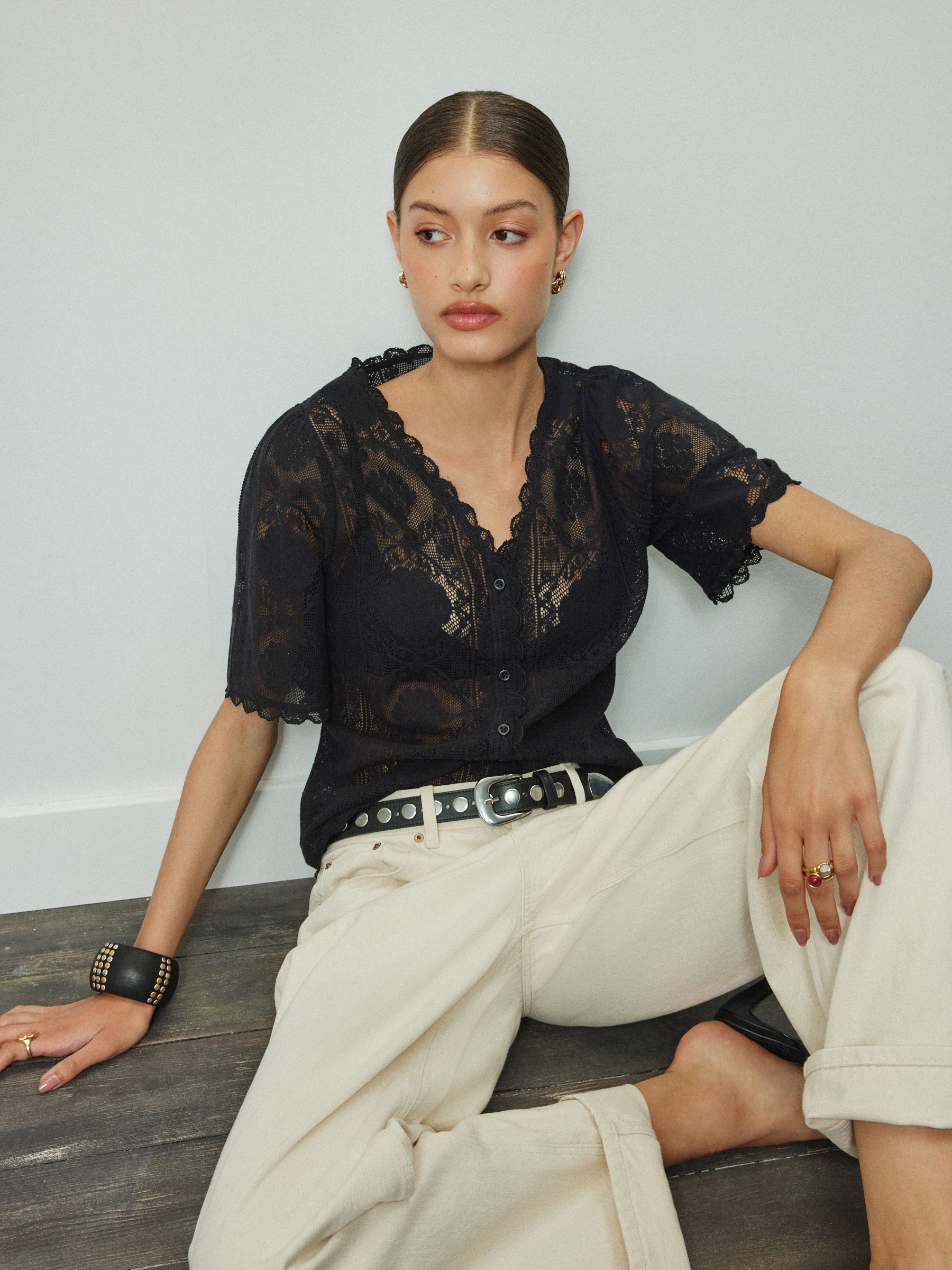 Buy Black Lace V-Neck Short Sleeve Top from Next USA