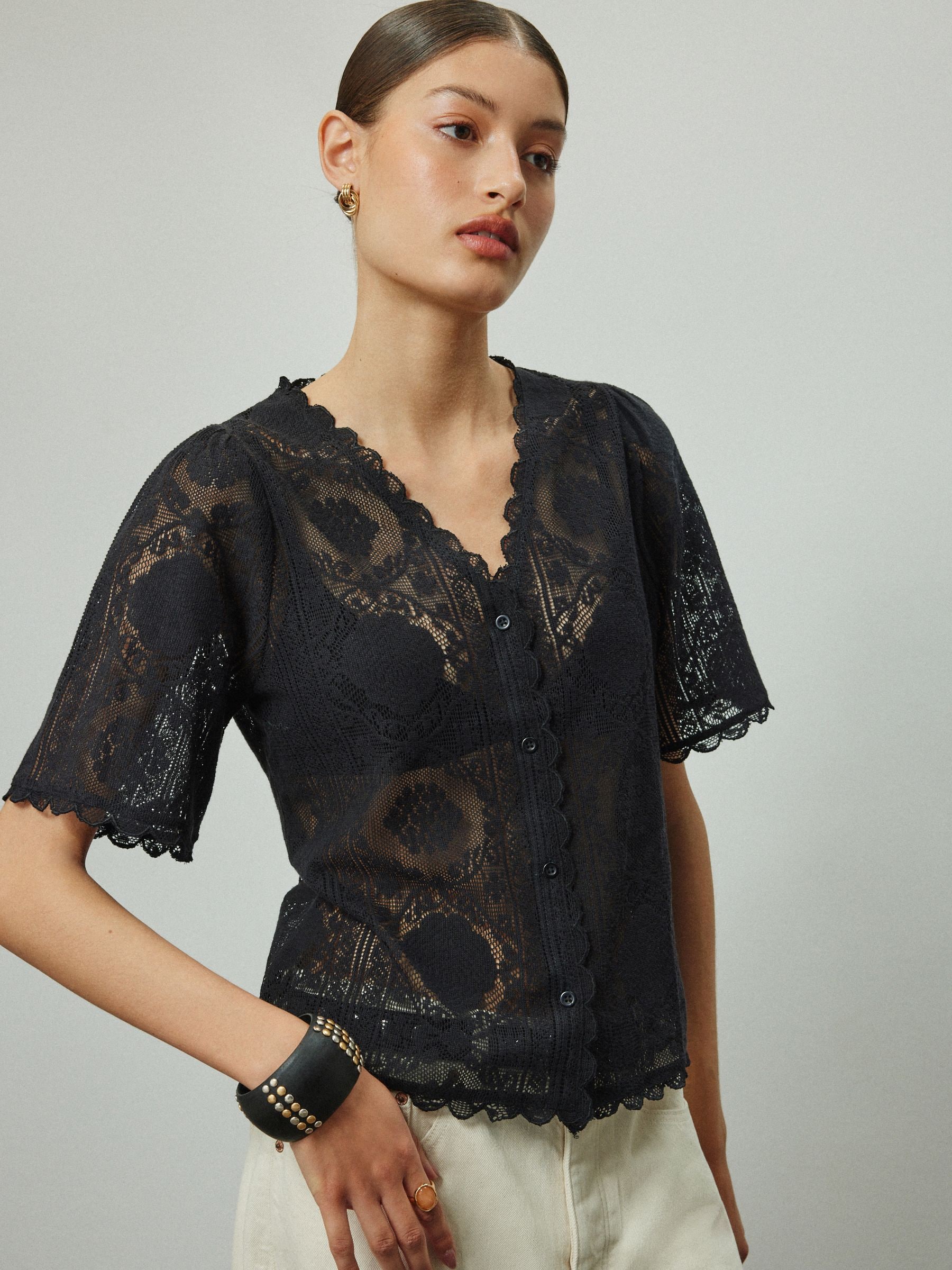 Buy Black Lace V-Neck Short Sleeve Top from Next USA