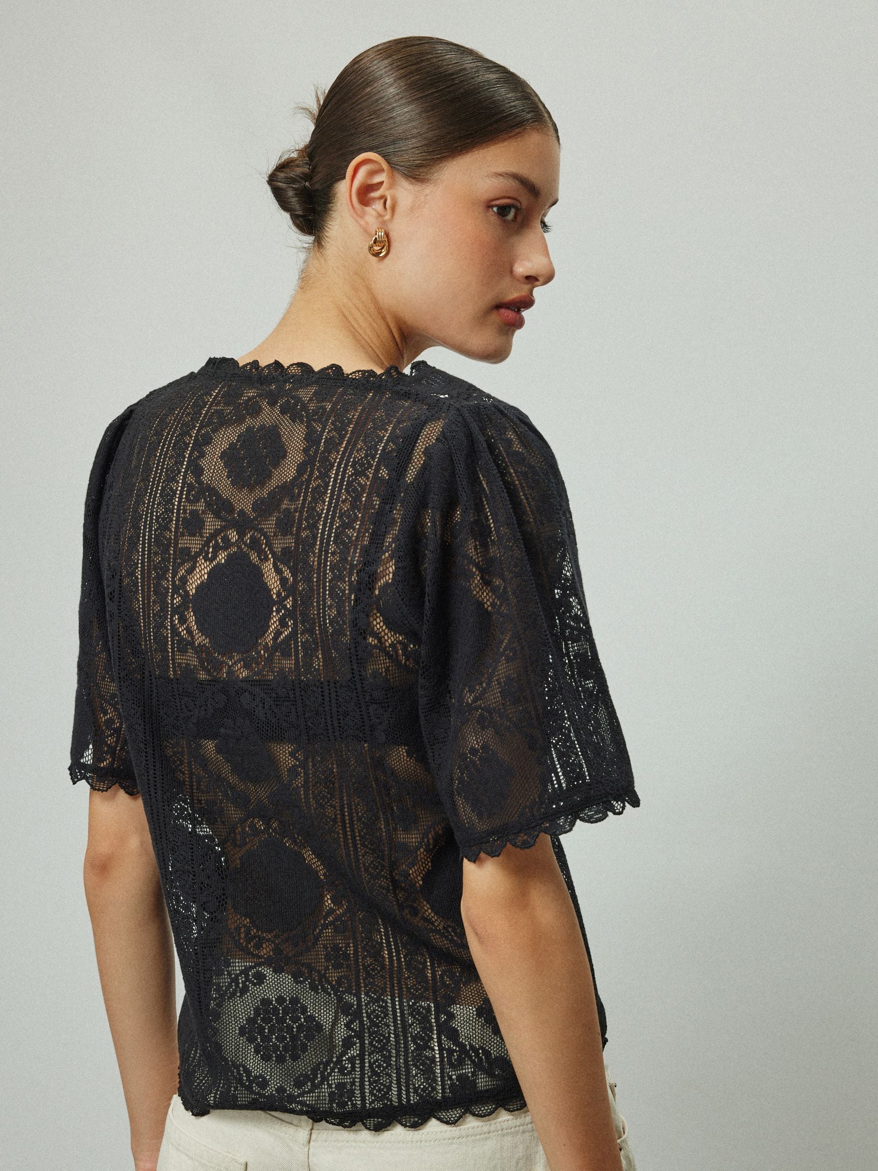 Buy Black Lace V-Neck Short Sleeve Top from Next USA