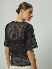 Black Lace V-Neck Short Sleeve Top - Image 4 of 7