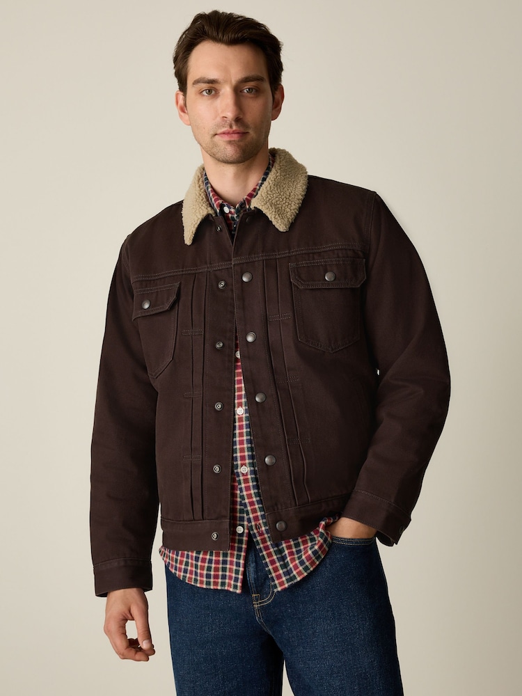 Brown Canvas Trucker Borg Lined Jacket - Image 1 of 7 Brown Canvas Trucker Borg Lined Jacket - Image 1 of 7