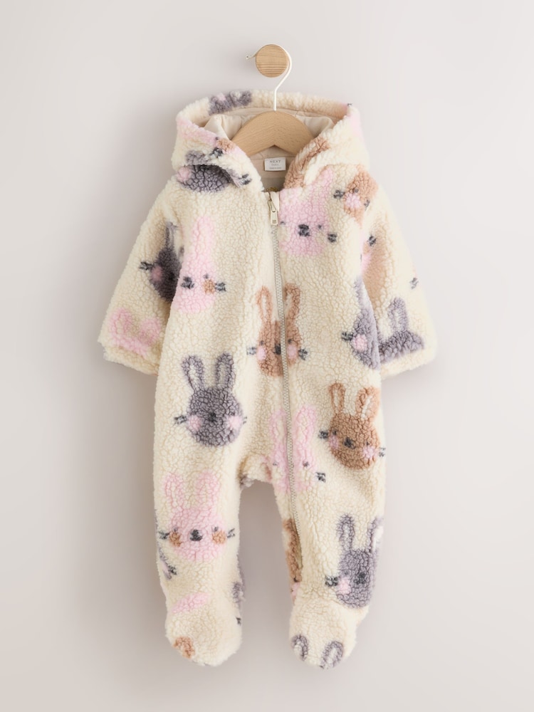 Ecru Bunny All Over Print Borg Hooded Baby All-In-One (0mths-2yrs) - Image 1 of 5 Ecru Bunny All Over Print Borg Hooded Baby All-In-One (0mths-2yrs) - Image 1 of 5