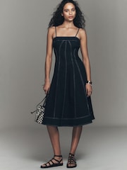 Anthropologie Pilcro Square-Neck Seamed Chambray Blue Midi Dress - Image 1 of 3