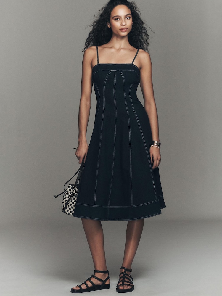 Anthropologie Pilcro Square-Neck Seamed Chambray Blue Midi Dress - Image 1 of 3