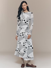 Anthropologie Long-Sleeve Ruched Mesh Black Midi Dress - Image 1 of 3