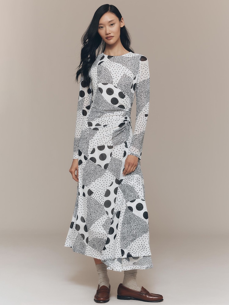 Anthropologie Long-Sleeve Ruched Mesh Black Midi Dress - Image 1 of 3 Anthropologie Long-Sleeve Ruched Mesh Black Midi Dress - Image 1 of 3