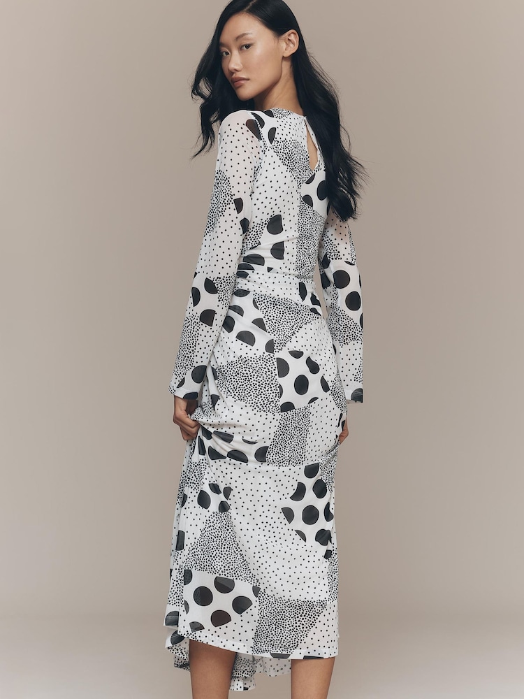 Anthropologie Long-Sleeve Ruched Mesh Black Midi Dress - Image 2 of 3 Anthropologie Long-Sleeve Ruched Mesh Black Midi Dress - Image 2 of 3