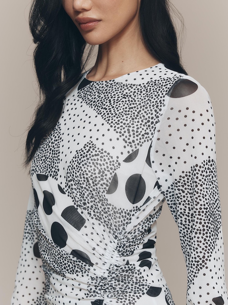 Anthropologie Long-Sleeve Ruched Mesh Black Midi Dress - Image 3 of 3 Anthropologie Long-Sleeve Ruched Mesh Black Midi Dress - Image 3 of 3