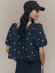 Anthropologie Maeve Puff-Sleeve Swing Blue Blouse - Image 2 of 4