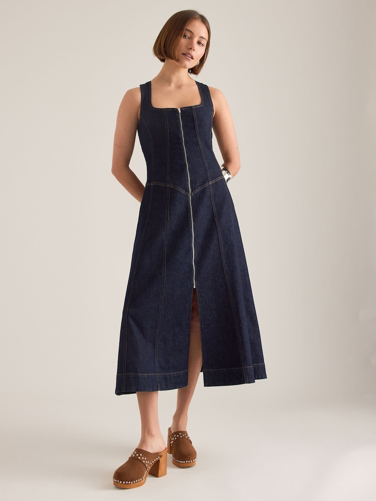 Anthropologie Pilcro Denim Zip-Front Midi Blue Dress - Image 1 of 4