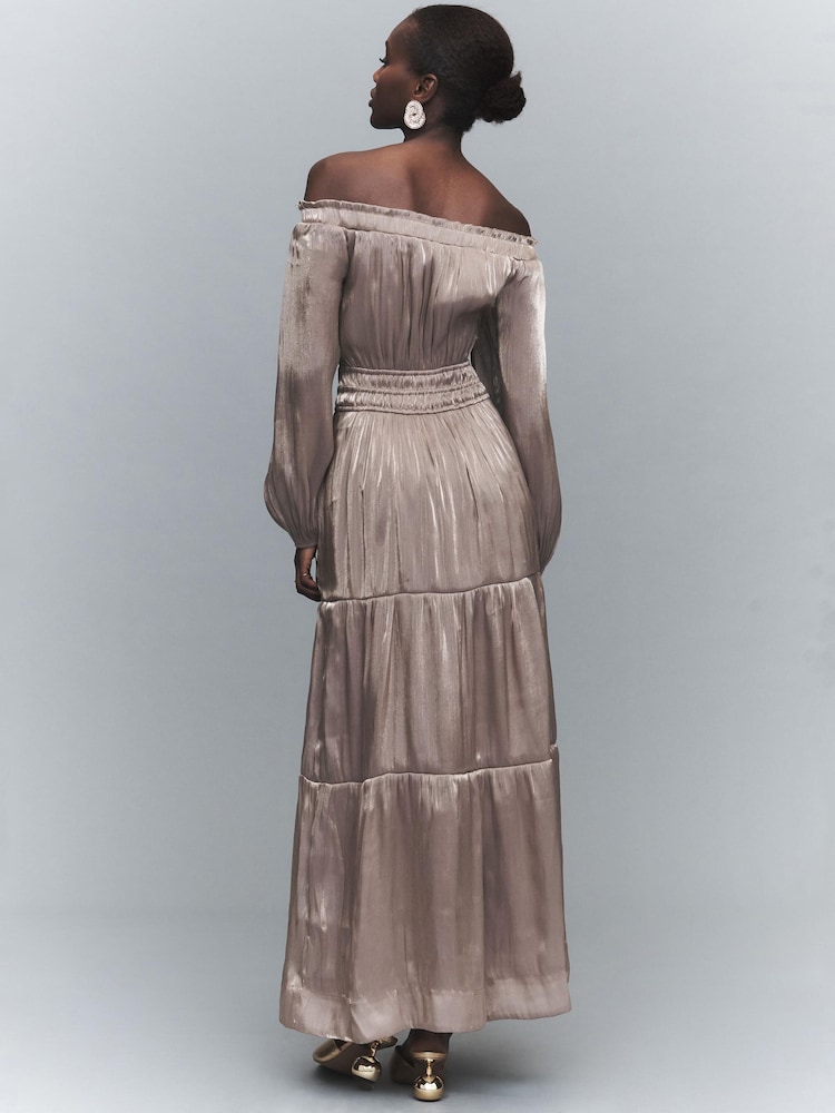 anthropologie brown satin dress Shaya Asymmetric Scarf-Detail Midaxi Dress in Chocolate Brown  Oh Polly AE