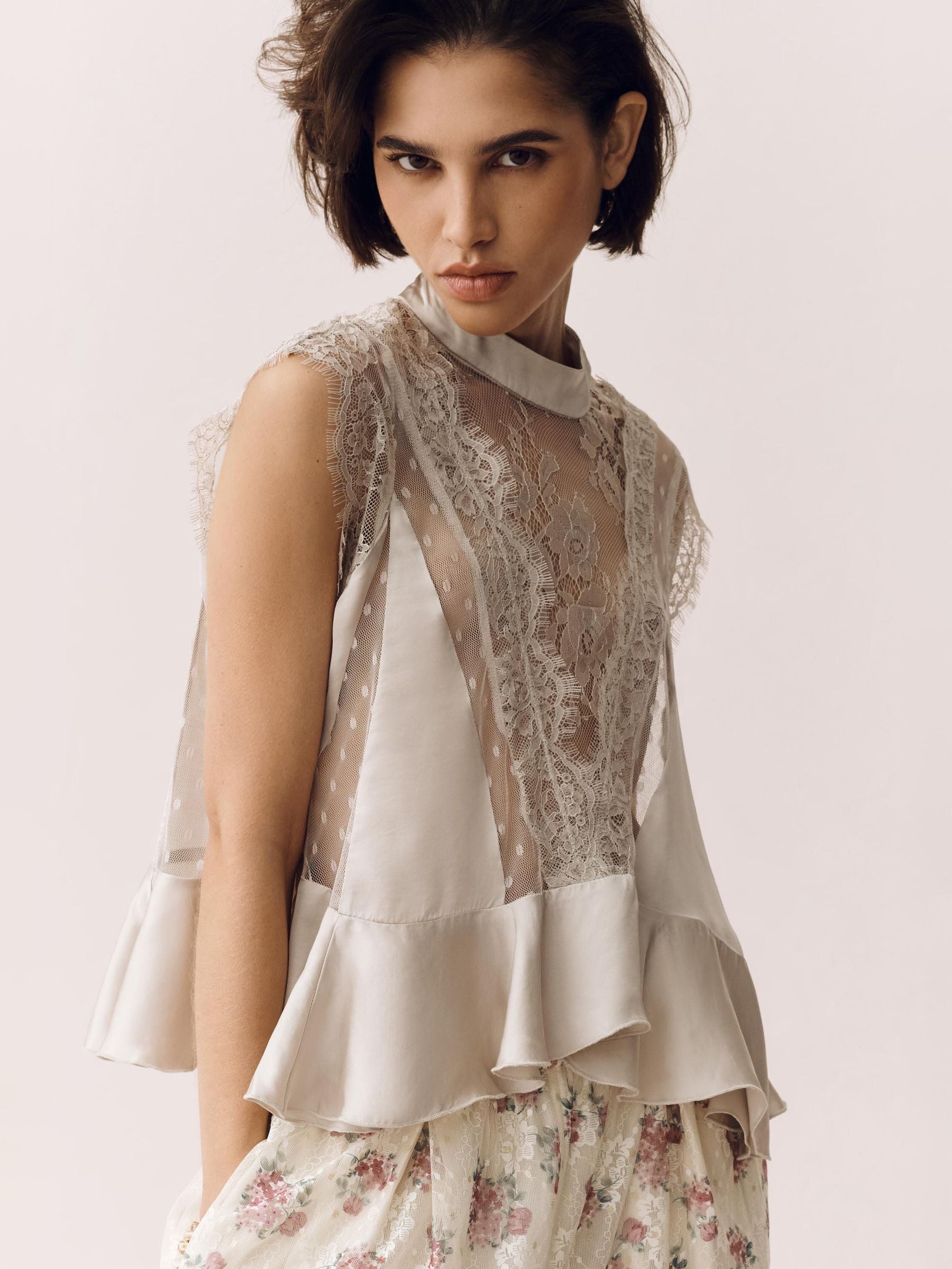 Buy Anthropologie Cream Harmony Sheer Lace Peplum Blouse from the