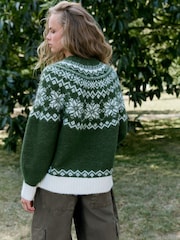 Green/White Fairisle Relaxed Long Sleeve Crew Neck Jumper with Wool - Image 3 of 7