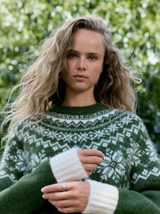 Green/White Fairisle Relaxed Long Sleeve Crew Neck Jumper with Wool - Image 4 of 7