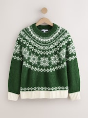 Green/White Fairisle Relaxed Long Sleeve Crew Neck Jumper with Wool - Image 5 of 7