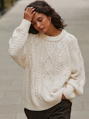 Ecru Cable Knit Long Sleeve Crew Neck Jumper - Image 1 of 6