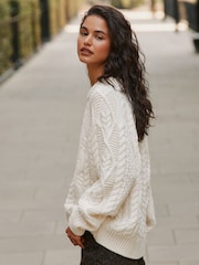 Ecru Cable Knit Long Sleeve Crew Neck Jumper - Image 4 of 6
