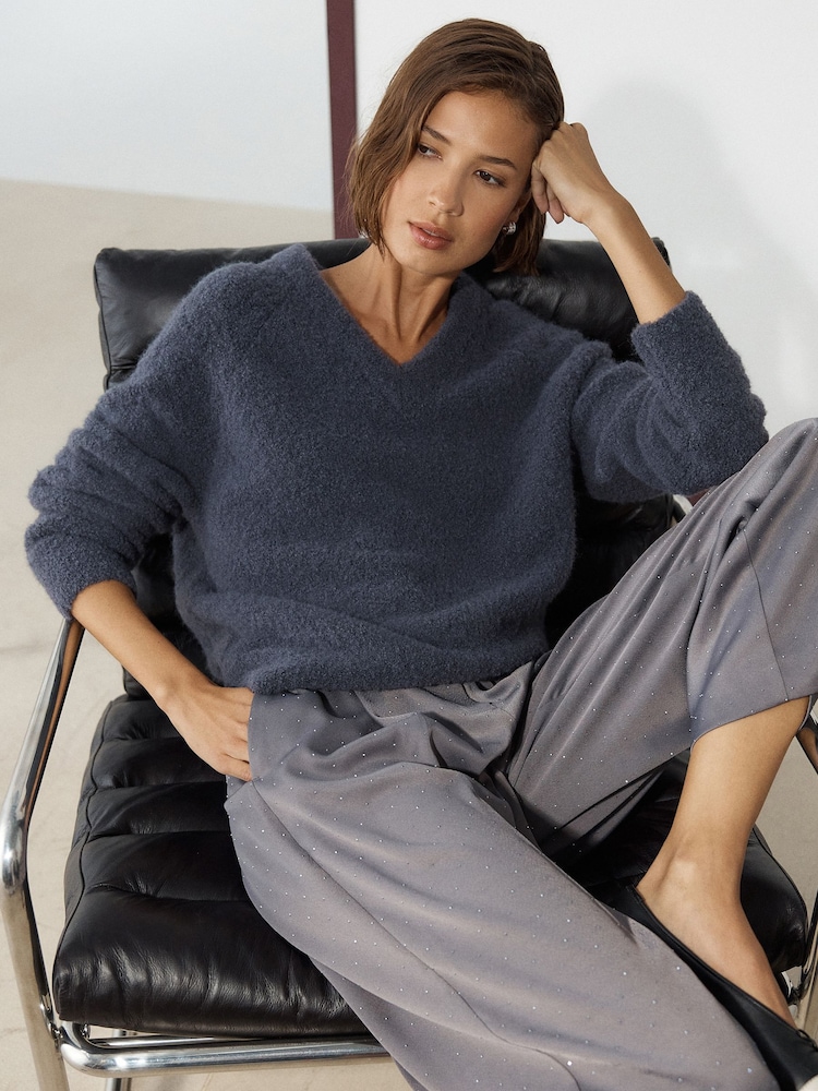 Charcoal Grey Boucle Long Sleeve V-Neck Knit Jumper with Wool - Image 1 of 8