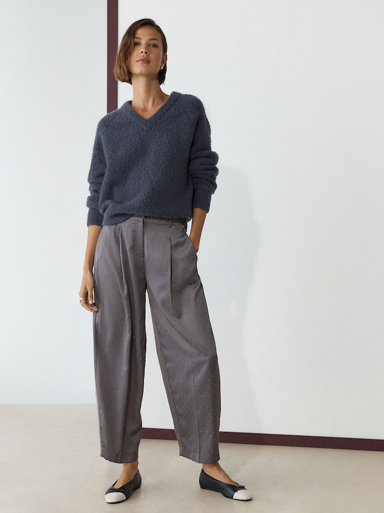 Charcoal Grey Boucle Long Sleeve V-Neck Knit Jumper with Wool - Image 2 of 8