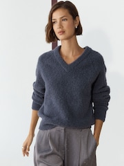 Charcoal Grey Boucle Long Sleeve V-Neck Knit Jumper with Wool - Image 3 of 8