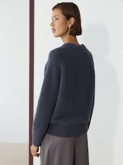 Charcoal Grey Boucle Long Sleeve V-Neck Knit Jumper with Wool - Image 4 of 8
