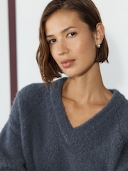 Charcoal Grey Boucle Long Sleeve V-Neck Knit Jumper with Wool - Image 5 of 8